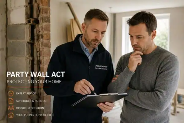 Party wall surveyor Windsor discussing extension plans with homeowner outside a UK semi-detached house.